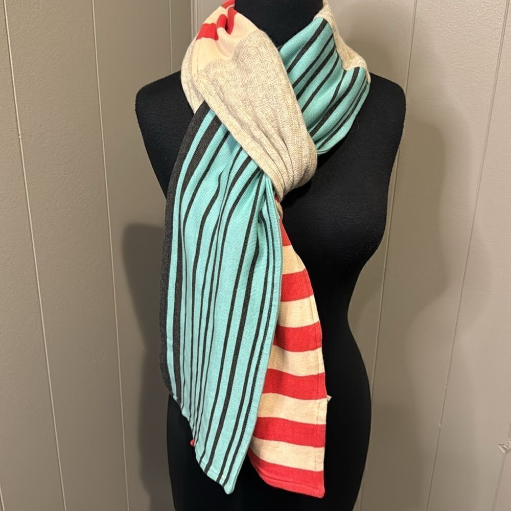 Moth cotton/cashmere blend basketweave and stripe blocked scarf.  87 x 8 inches